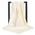 Detail showing creamy white satin silk square scarf draped on black minimalist frame - Beige