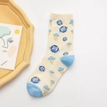 Calze in cotone bianco sporco con stampe di pianeti blu e fulmini gialli cartoon - Taglia unica / Disco volante