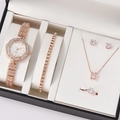 5-teiliges Set Roségold Quarzuhr mit Kristall Armband, Halskette, Ohrringen und Ring - Uhr Halskette Ohrringe Ring Armband und Geschenkbox / Roségold