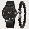 Men's minimalist black quartz watch with rose gold hands and dumbbell bead bracelet set - Rose Gold Needle Style With Bracelet / Rose Gold Needle Watch Set With Bracelet