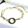 Gold chain bracelet featuring a circular green pavé zircon pendant with adjustable lobster clasp - Round Green Zirconia Bracelet