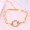 Elegant gold paperclip chain bracelet featuring a sparkling zircon paved circle charm - Round Gold Bracelet