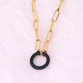 Interlocked gold-plated chain necklace featuring a black pavé diamond circular pendant - Round Green Zirconia Necklace