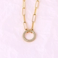 Detail of gold-plated paperclip chain necklace featuring a micro-pave zircon round link - Round Gold Necklace