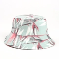 Green leaf print bucket hat for women made of cotton linen fabric with a wide brim - Lake Blue