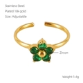Detail of 18k gold plated stainless steel floral ring set with five green zircons - Flower Design (673) / Adjustable Open / Green Zircon/Gold