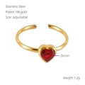 Detail view of adjustable 18K gold plated ring with a red heart-shaped zircon stone - Heart Design (671) / Adjustable Open / Red Zircon / Gold