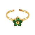 Adjustable golden open ring with green zircon stones in a five-petal flower shape - Adjustable Open / Green Flower