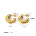 Golden 19mm ribbed stainless steel C-hoop earrings with 12.8g weight on white background - Ribbed Texture C-Shape Style (HF-E3165)