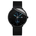 Men's minimalist black quartz watch with Milanese mesh strap and blue accents - Black Case Blue Hands Black Band