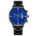 Detail of blue sunray dial with chronograph sub-dials and calendar on a black steel watch - Black Case Blue Dial Silver Accents
