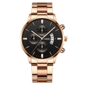 Detail of rose gold chronograph watch with black dial and date window feature - Rose Gold Case Black Dial Rose Gold Accents