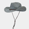Gray-blue woven straw cowboy hat with brown leather band and adjustable chin strap - One Size / Blue