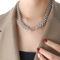 Double-layered silver titanium steel chain necklace with OT clasp for women - Silver Necklace