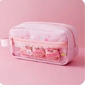 Rosafarbene Federtasche aus Segeltuch mit PVC-Fenster und Plüsch-Deko-Elementen - Rosa Getränkeflasche