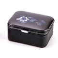 Portable black leather jewelry box with blue gemstone floral print and metal clasp - Mirror Style / Black Floral
