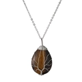 Tiger Eye teardrop pendant with Tree of Life wire wrap on silver chain necklace - Brown (NSN00407 Tiger Eye)