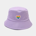Close-up of rainbow heart embroidery on lavender cotton twill bucket hat texture - M (56-58cm) / Light Purple