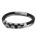 Bracciale da uomo intrecciato in pelle nera con chiusura a maglie in argento antico - 19cm / Argento Antico (KB130454-KFC)