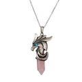 Vintage silver dragon pendant necklace with blue gemstone eyes and pink hexagonal crystal - Rose Quartz Stainless Steel Chain