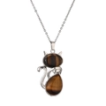 Collana etnica in acciaio inossidabile con pendente a gatto e pietre occhio di tigre marroni - Occhio di tigre (Marrone)