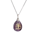 Tree of Life teardrop amethyst pendant necklace with golden inlay and silver chain - Amethyst With Stainless Steel Chain