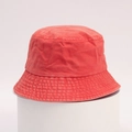 Red washed cotton bucket hat displayed on a white pedestal for outdoor sun protection - One Size / Orange