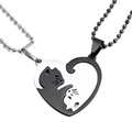 Cat couple necklace with stainless steel heart puzzle pendants on bead chains - Heart Cat Puzzle / Silver and Black (No Chain)