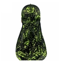 Silky durag featuring green rose floral print on black fabric, back view on mannequin - One Size / Black Green