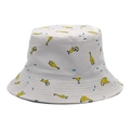 Dettaglio ravvicinato di un cappello a secchiello bianco in cotone con stampe gialle e blu - M (56-58cm) / Bianco