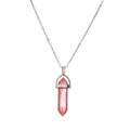 Macro shot of silver chain with pink hexagonal crystal pendant against a white background - Rose Quartz