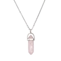 Polished silver chain necklace with a hexagonal pink crystal pendant on white background - Rose Quartz