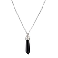Detailed macro view of black hexagonal stone pendant with silver carved bail on chain - Black Agate