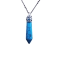 Detail of blue hexagonal crystal pillar pendant on a silver-tone chain necklace - Blue Stone