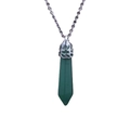 Macro shot of silver chain with hexagonal green crystal pillar pendant on white background - Aventurine Jade