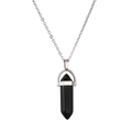 Silver necklace with a hexagonal black crystal stone pendant on a white background - Obsidian