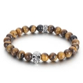 Tiger eye beaded bracelet with silver skull charm and geometric spacer on white background - 8mm Tiger Eye Skull Style (KB62608-BD)