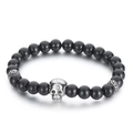Heren kralenarmband met zwarte onyx kralen en zilveren schedelbedel op elastiek - Glanzende Zwarte Agaat Schedel Stijl (KB66287-BD)