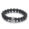 Matte black agate beaded bracelet with silver skull charm for men on elastic cord - 10mm Matte Black Agate Skull Style (KB70681-BD)