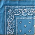 Detailed macro view of the blue paisley pattern on a polyester hip-hop bandana - Sky Blue