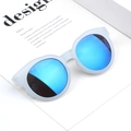 Detailed close-up of matte grey frame kids sunglasses with blue mirrored reflective lenses - Blue Frame / Blue Lens