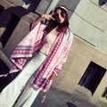 Boho pink floral cotton linen shawl cardigan with fringe details for summer beach travel - 180*90CM / 37110-Pink Print