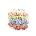 Four-pack satin scrunchies set in pink, green, and blue on a Sweet Girl card - RT-229-R (4-Piece Elegant Satin Color Set)