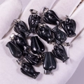Natural black stone angel pendants with metal loops for jewelry making, 12 pieces - Obsidian