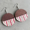 Bohemian round earrings with wood and red pink green striped pattern on grey background - Pink Green Rainbow Stripe