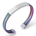 Rainbow woven steel wire open cuff bracelet with a polished silver rectangular plate - Rainbow Color