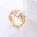 Adjustable gold butterfly ring with sparkling crystals on double-row parallel bands - US 6 / Gold