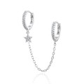 S925 silver double hoop chain earrings with sparkling star pendant and pavé crystals - 22(Single)-Silver Double Piercing Star Chain