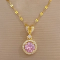 Detailed macro view of a pink gemstone pendant with sparkling micro-pave crystals - Pink Round Zirconia Necklace (D331)