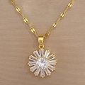 Detail of sunflower necklace pendant with gold plating and sparkling baguette-cut zircons - Titanium Steel Chain + Copper Pendant / Sunflower Necklace (D333)
